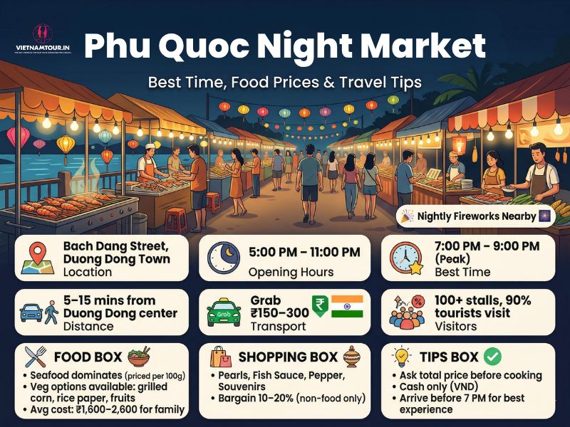 Phu Quoc Night Market evening view of riverfront food and souvenir stalls along Bach Dang Street in Duong Dong Town