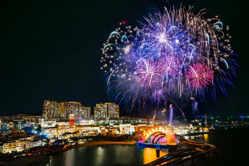 Phu Quoc nightly fireworks display visible from Duong Dong riverfront near Phu Quoc Night Market