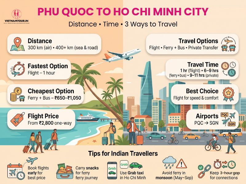 Phu Quoc to Ho Chi Minh travel route map showing direct flight, ferry-bus, and private transfer options across the Gulf of Thailand
