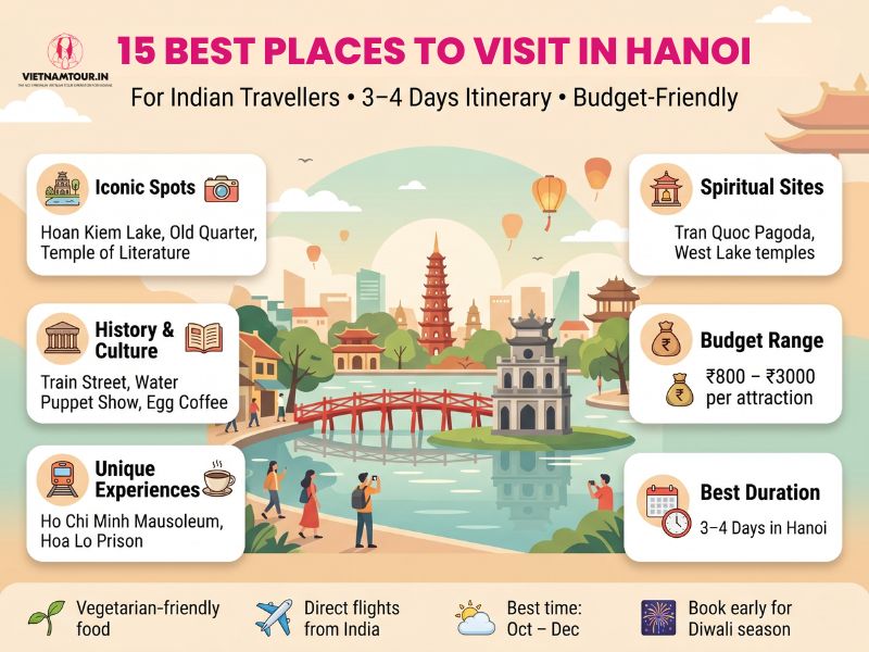 Vietnamtour.in infographic listing 15 best places to visit in Hanoi for Indian travellers including Hoan Kiem Lake, Old Quarter, Temple of Literature, Train Street, and Tran Quoc Pagoda
