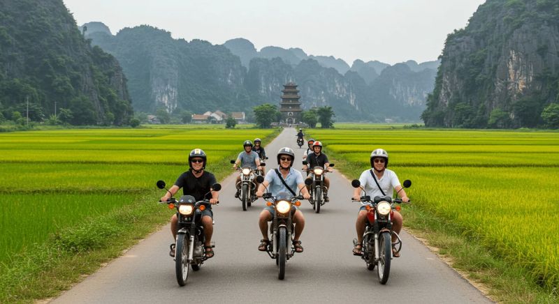 Rented motorbike route on Highway 477B from Ninh Binh city centre to Bich Dong Pagoda over 6 km flat road