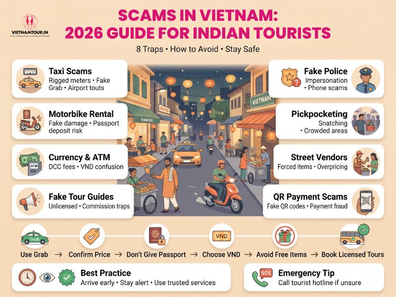 Scams in Vietnam for Indian tourists 2026 overview showing common tourist trap warning signs at street market