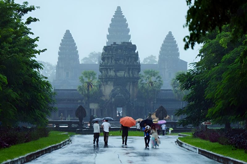 September in Cambodia — heavy monsoon rain at Angkor with empty temple grounds and zero queues