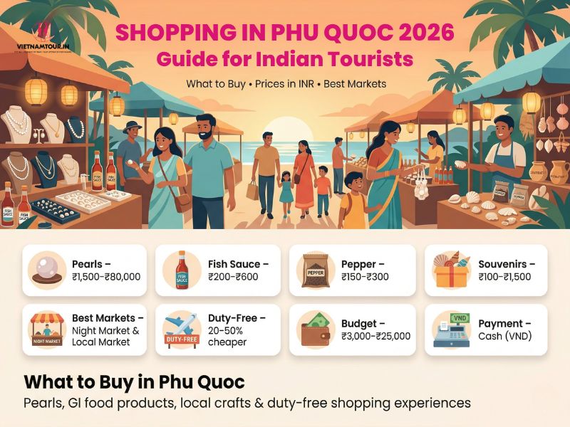 Shopping in Phu Quoc 2026 hero collage of pearls fish sauce pepper and souvenirs across 4 zones for Indian tourists