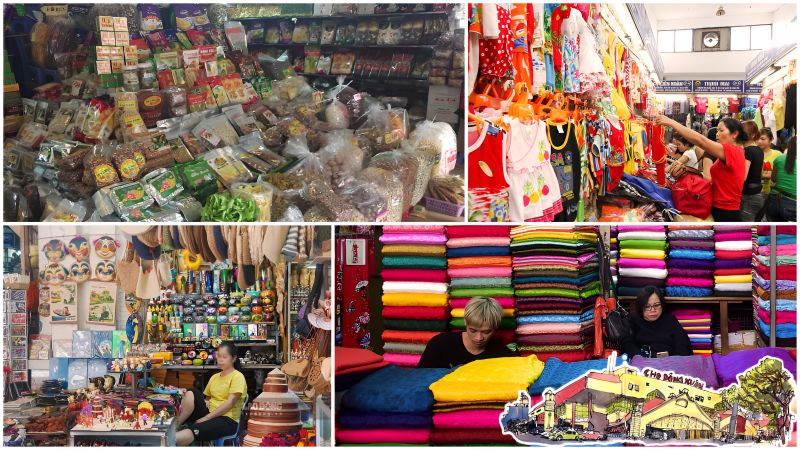 Souvenirs and gifts at Dong Xuan Market lacquerware silk scarves conical hats Vietnamese coffee