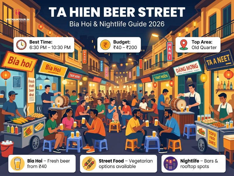 Ta Hien Beer Street Hanoi 2026 bia hoi and nightlife guide infographic with prices, best time, and Old Quarter location for Indian tourists