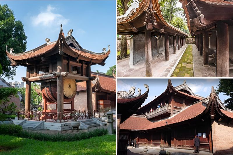 Temple of Literature architecture with red lacquer columns curved eaves and green glazed roof tiles