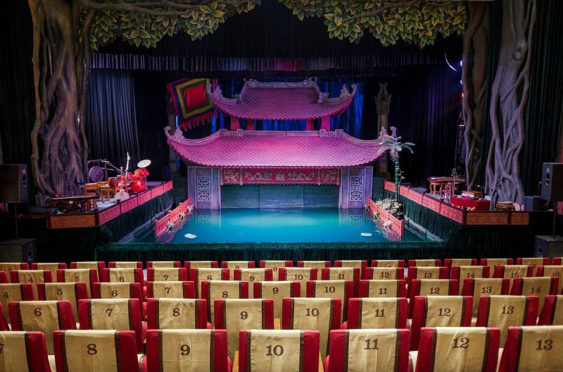 Thang Long Water Puppet Theater show timings schedule board displayed at venue entrance with daily slot times