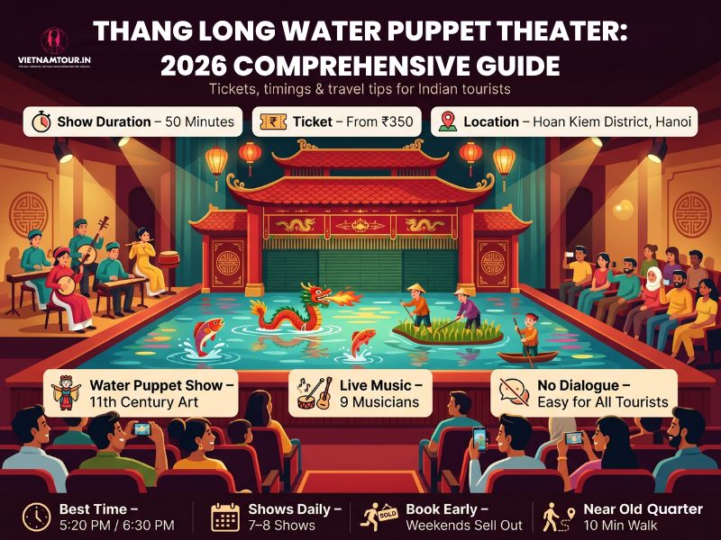 Thang Long Water Puppet Theater red-and-gold façade on Hoan Kiem Lake eastern bank in Hanoi Old Quarter