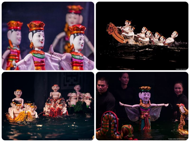 Water puppet show at Thang Long Water Puppet Theatre in Hanoi with painted wooden puppets performing on the water-surface stage and live traditional musicians on the side