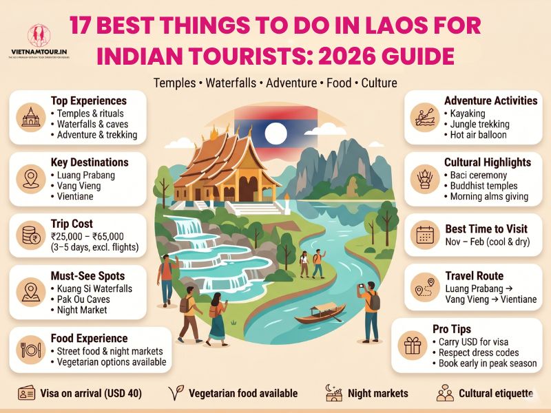 Infographic of 17 best things to do in Laos for Indian tourists in 2026 covering temples, waterfalls, adventure, food, and culture