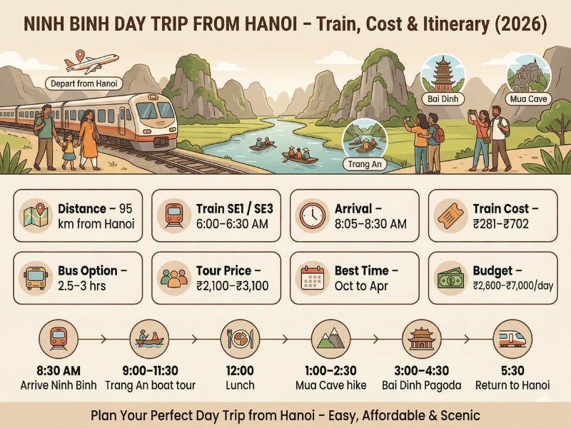 Ninh Binh day trip from Hanoi infographic showing SE1 SE3 train schedule and 1-day itinerary covering 4 key sites
