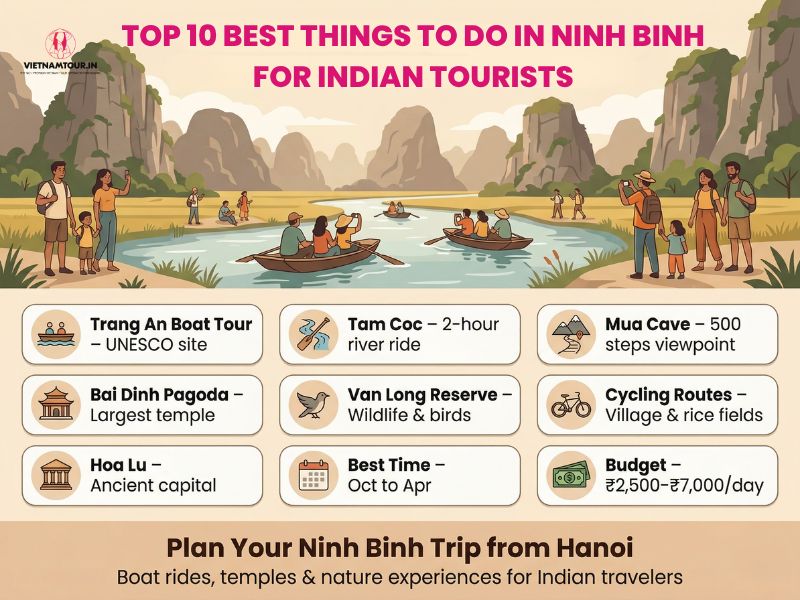 Things to do in Ninh Binh overview infographic showing 8 anchor experiences for Indian tourists in 2026