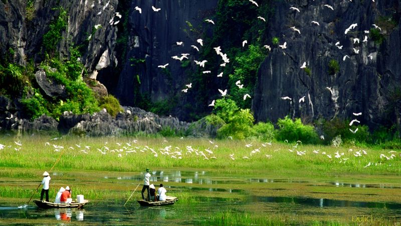 Van Long Nature Reserve in Ninh Binh — Ramsar wetland with non-motorised bamboo boat passing limestone peaks where Delacour's langurs live