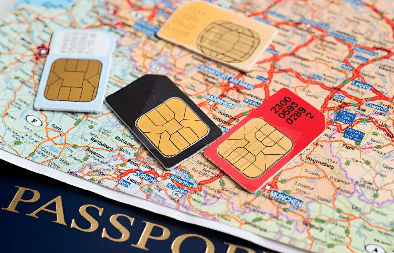 Four prepaid SIM cards in nano and micro sizes placed on a passport and printed map