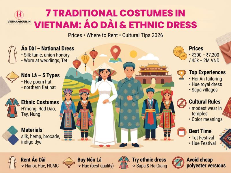 Traditional costumes in Vietnam infographic showing Ao Dai, Non La, H'mong, Red Dao, and Tay dress with prices and rental tips