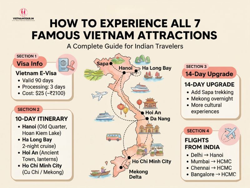 Vietnam itinerary map 7 famous attractions Indian traveler — route visa flights planning