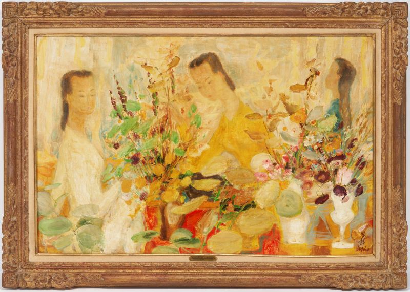Oil painting of three Vietnamese women among flower vases in warm yellow and red tones inside heavy gilt carved wooden frame