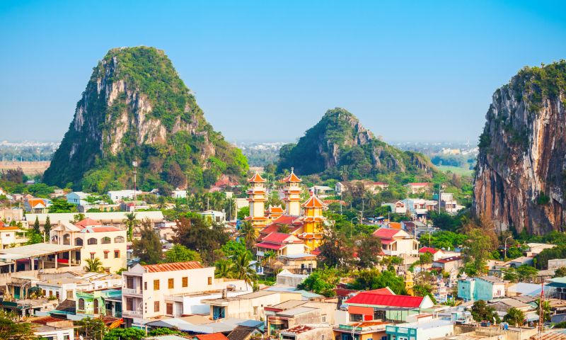 Vong Giang Dai viewpoint summit panoramic view Marble Mountains overlooking Da Nang beach and city skyline