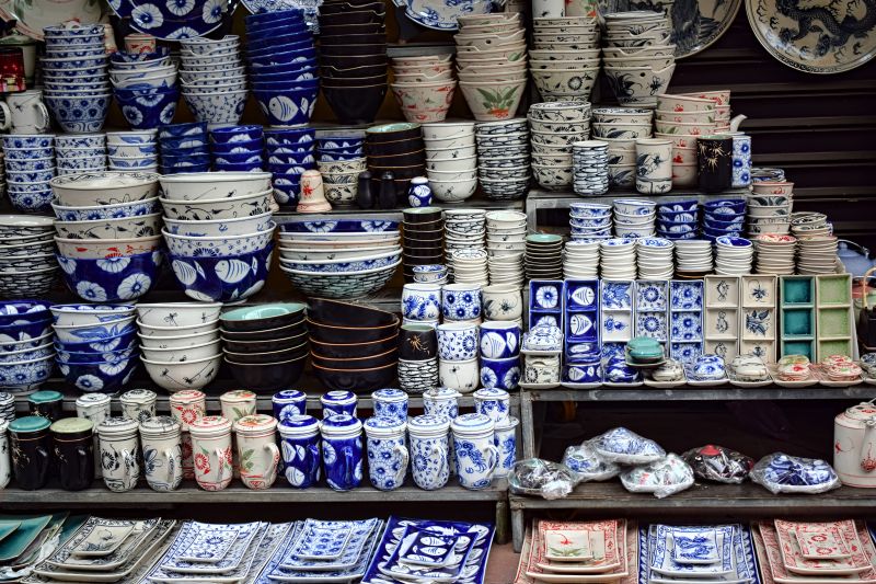 Bat Trang pottery ceramics with blue-grey ash glaze tea cups and bowls handmade Hanoi village
