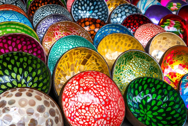 Vietnamese lacquerware Son Mai decorative bowls and trays hand-painted with lotus designs Hanoi