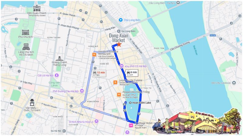 Where is Dong Xuan Market location map Hoan Kiem Hanoi 1.2 km from Hoan Kiem Lake